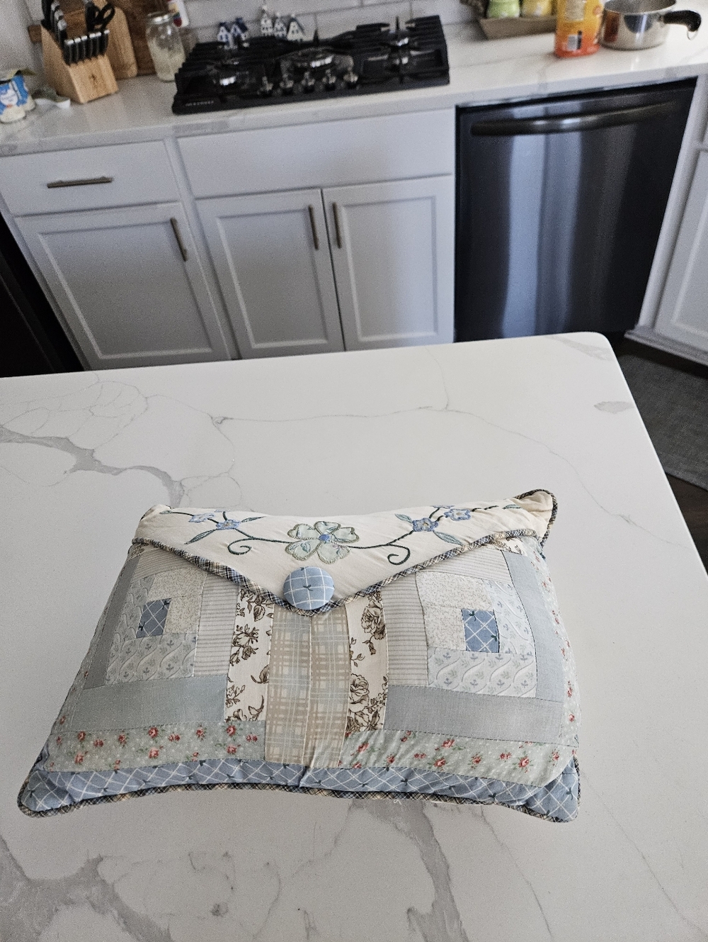 Vintage Patchwork Quilted Decorative Pillow with Floral Applique